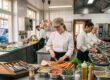 Köchinnen schneiden Gemüse und bereiten die Mise en Place in einer Großküche vor