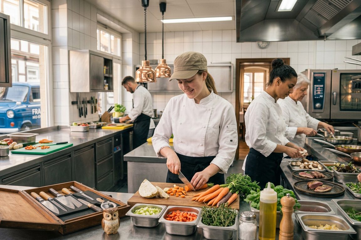 Köchinnen schneiden Gemüse und bereiten die Mise en Place in einer Großküche vor