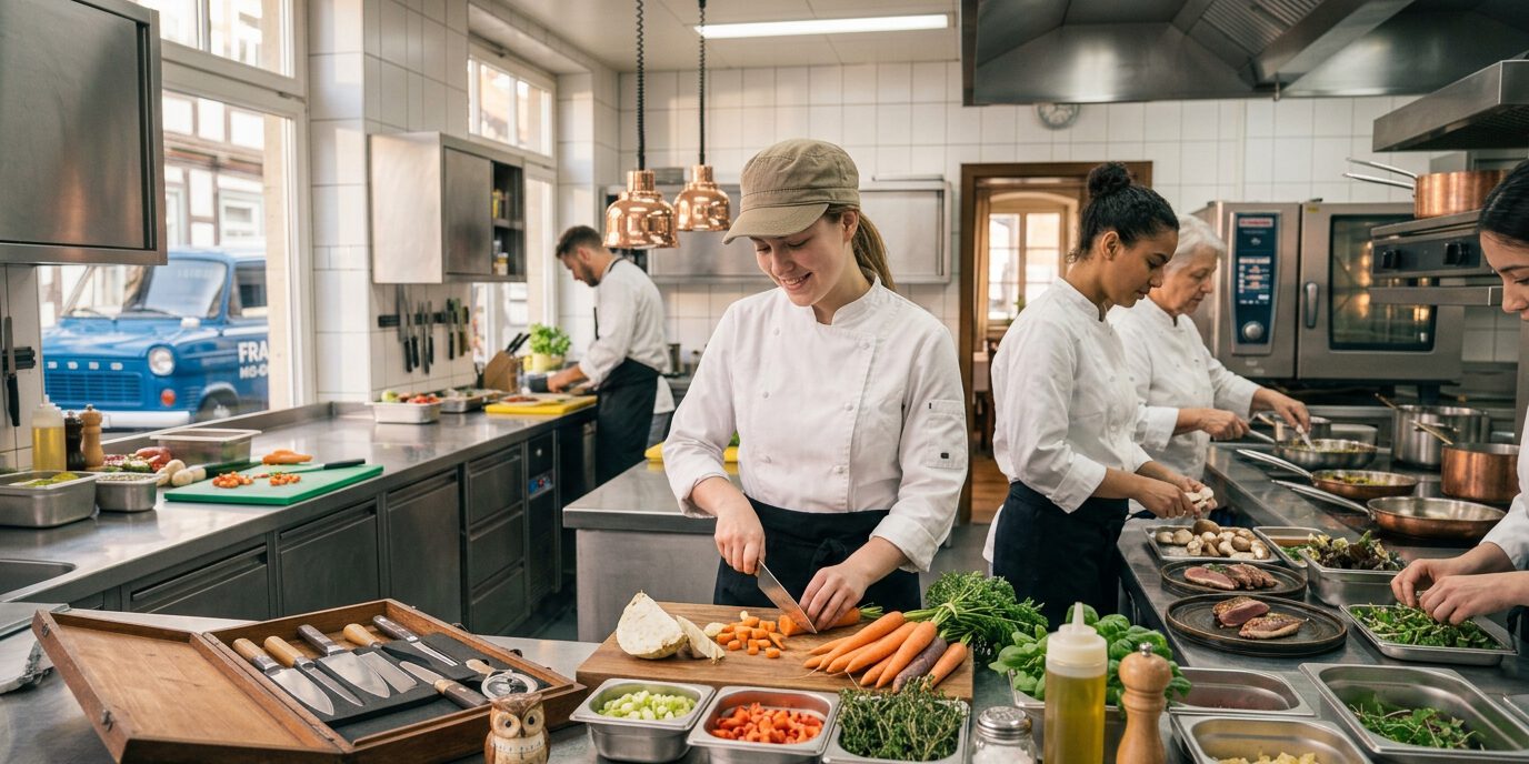 Köchinnen schneiden Gemüse und bereiten die Mise en Place in einer Großküche vor