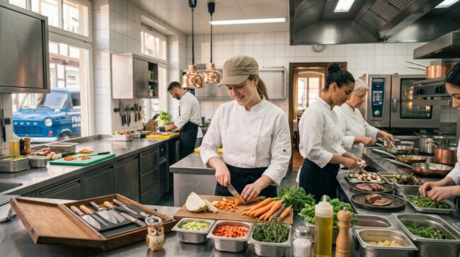 Köchinnen schneiden Gemüse und bereiten die Mise en Place in einer Großküche vor