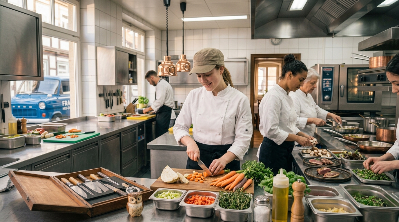 Köchinnen schneiden Gemüse und bereiten die Mise en Place in einer Großküche vor