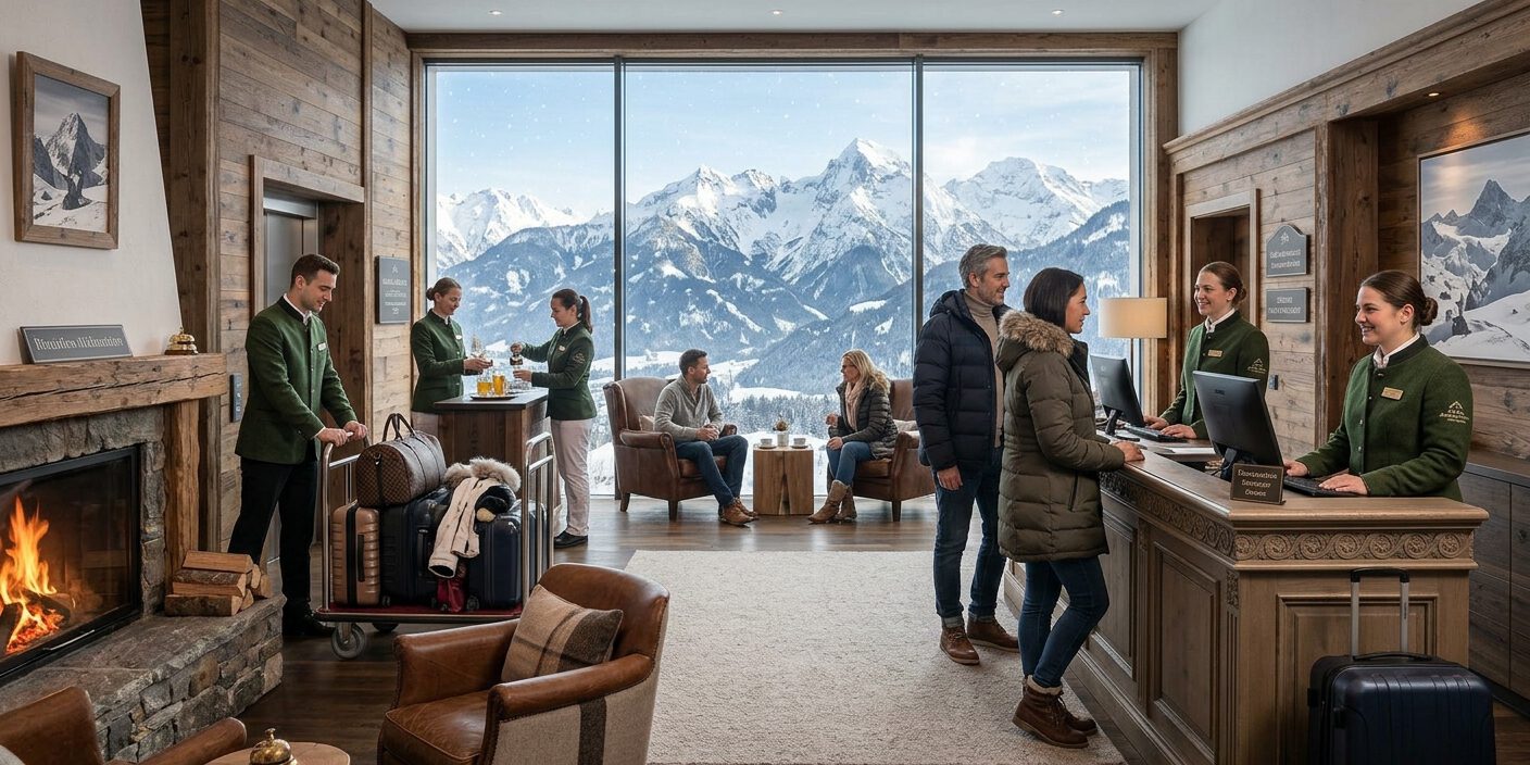 Rezeption im Alpenhotel Rezeptionistinnen empfangen Gäste beim Check-in in einem Berghotel mit Kamin und Panoramablick auf die Alpen