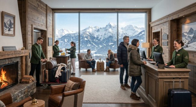 Rezeptionistinnen empfangen Gäste beim Check-in in einem Berghotel mit Kamin und Panoramablick auf die Alpen