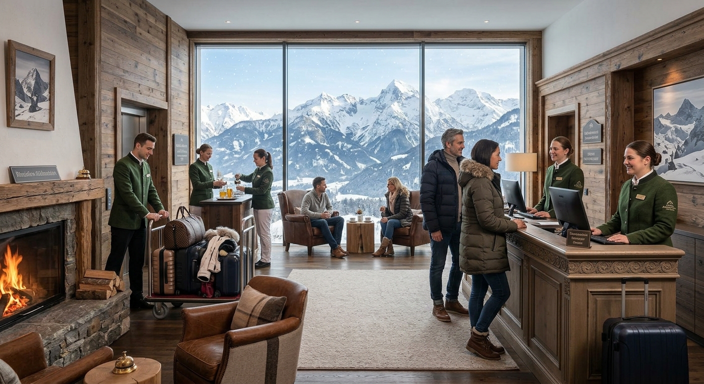 Rezeptionistinnen empfangen Gäste beim Check-in in einem Berghotel mit Kamin und Panoramablick auf die Alpen