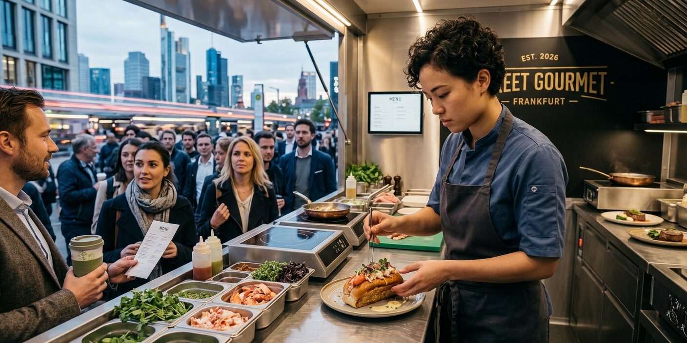 Köchin bereitet an einer offenen Streetfood-Theke ein Gericht zu, während Gäste vor der Frankfurter Skyline anstehen
