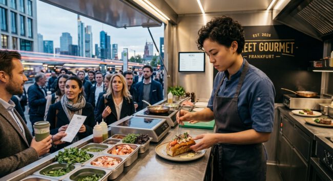 Köchin bereitet an einer offenen Streetfood-Theke ein Gericht zu, während Gäste vor der Frankfurter Skyline anstehen