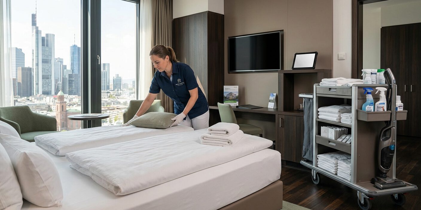 Housekeeping-Mitarbeiterin bezieht das Bett in einem Hotelzimmer mit Blick auf die Skyline