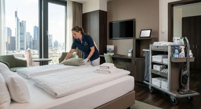 Housekeeping-Mitarbeiterin bezieht das Bett in einem Hotelzimmer mit Blick auf die Skyline