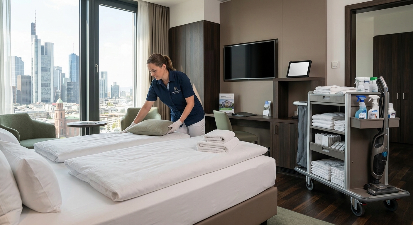 Housekeeping-Mitarbeiterin bezieht das Bett in einem Hotelzimmer mit Blick auf die Skyline