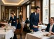 Kellner im Anzug serviert Hauptgerichte an einem Tisch mit Gästen im gehobenen Restaurant