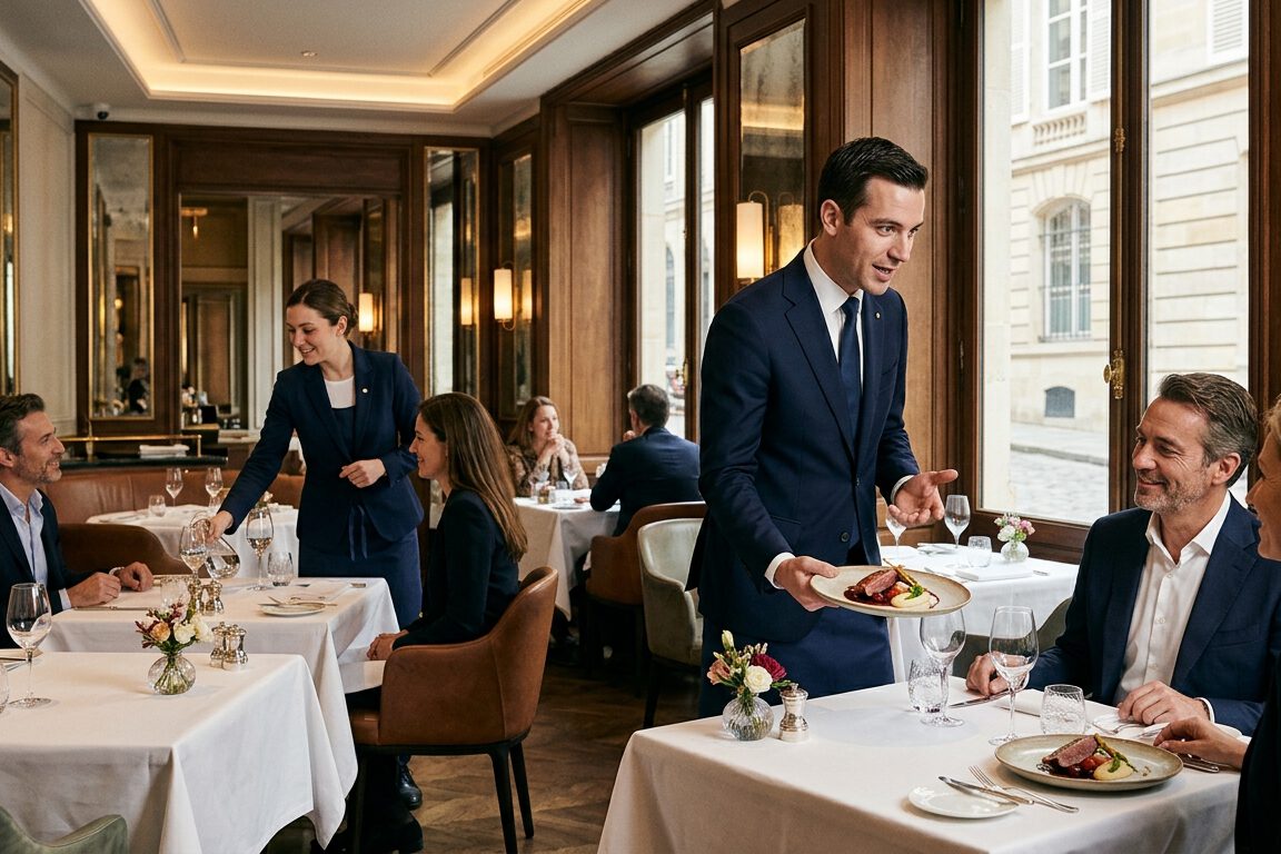 Kellner im Anzug serviert Hauptgerichte an einem Tisch mit Gästen im gehobenen Restaurant