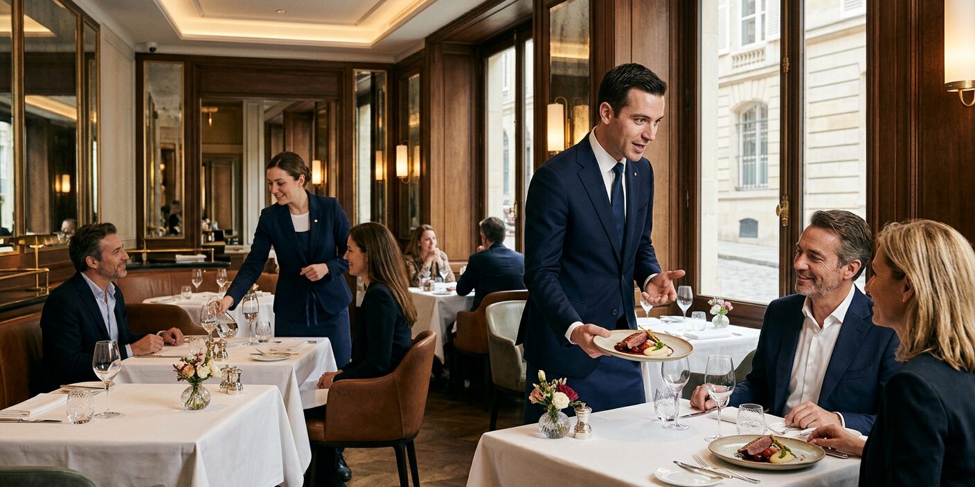 Kellner im Anzug serviert Hauptgerichte an einem Tisch mit Gästen im gehobenen Restaurant