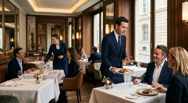 Kellner im Anzug serviert Hauptgerichte an einem Tisch mit Gästen im gehobenen Restaurant