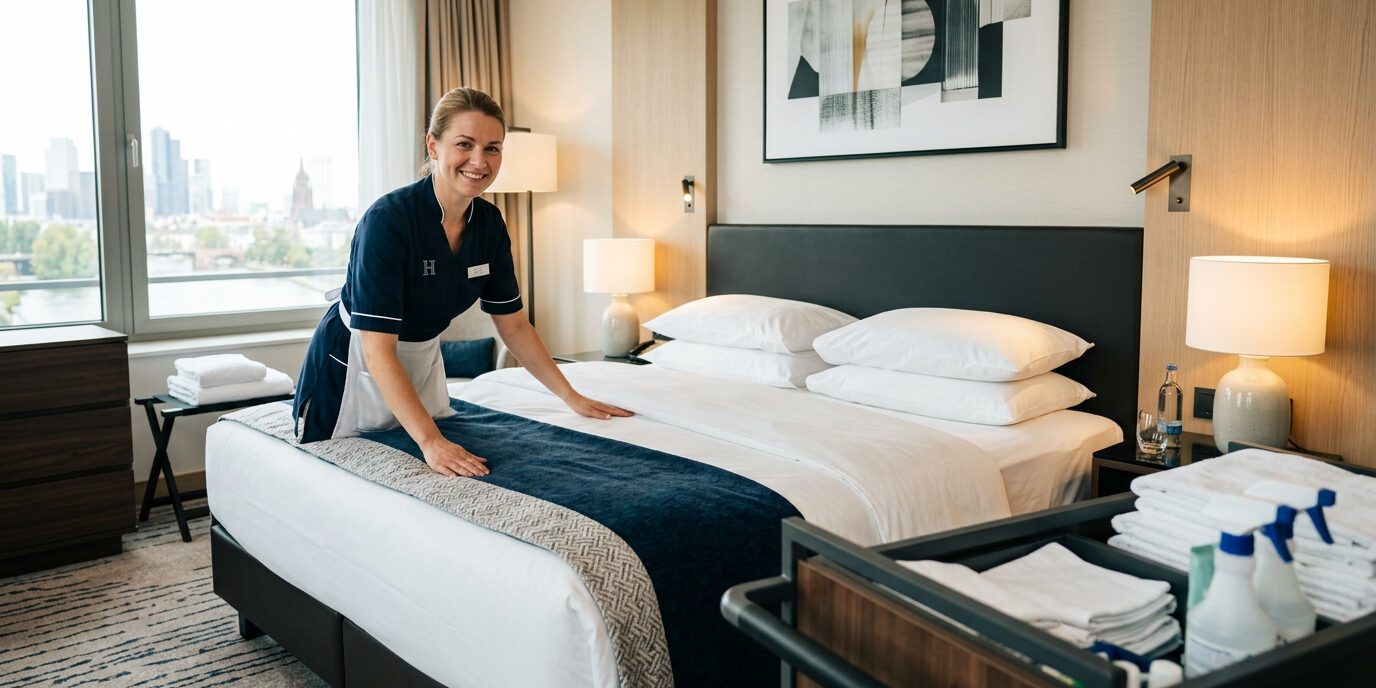 Lächelnde Zimmerreinigungskraft bezieht ein Hotelbett, daneben ein Housekeeping-Wagen, im Hintergrund die Frankfurter Skyline