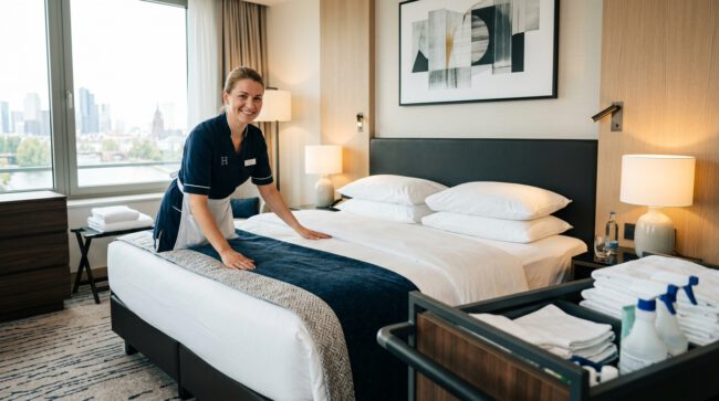 Lächelnde Zimmerreinigungskraft bezieht ein Hotelbett, daneben ein Housekeeping-Wagen, im Hintergrund die Frankfurter Skyline