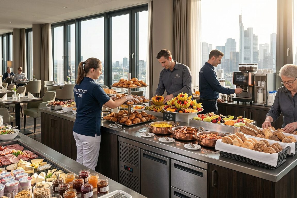 Servicepersonal betreut ein reichhaltiges Frühstücksbuffet im Hotelrestaurant mit Blick auf die Frankfurter Skyline