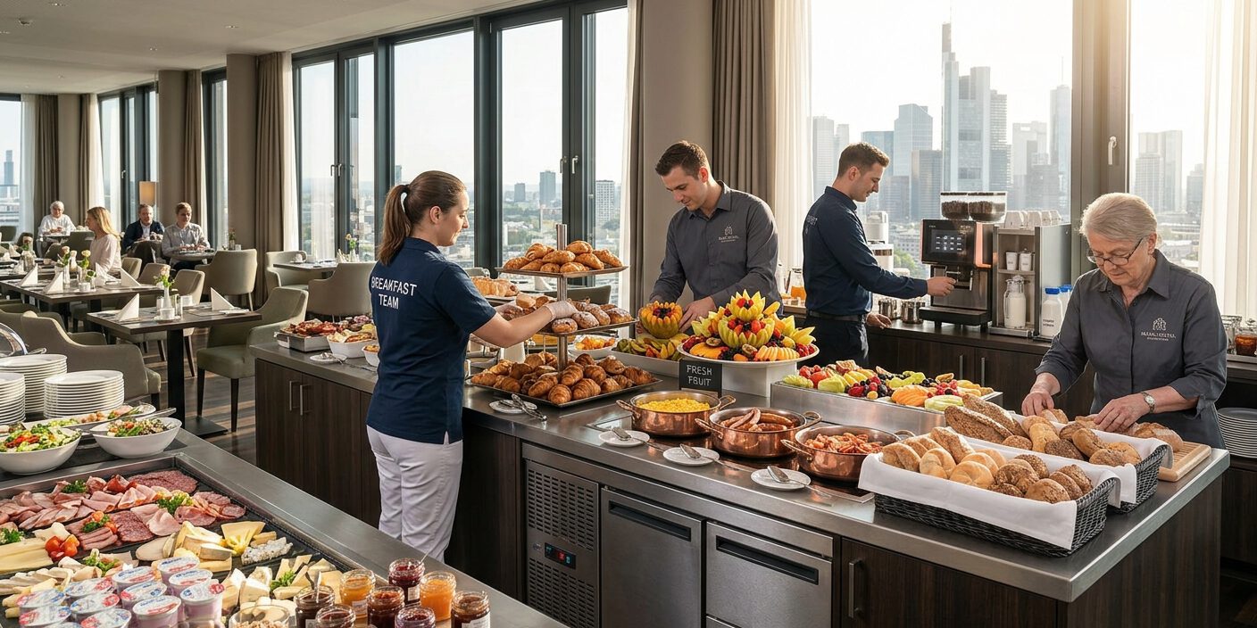 Servicepersonal betreut ein reichhaltiges Frühstücksbuffet im Hotelrestaurant mit Blick auf die Frankfurter Skyline