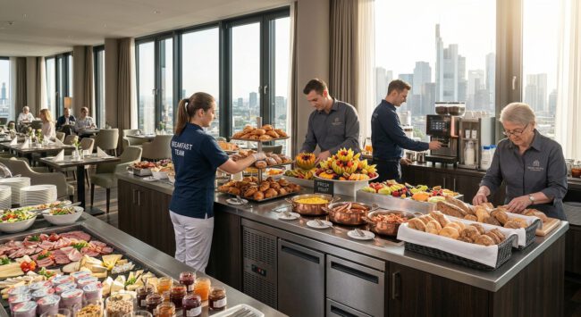 Servicepersonal betreut ein reichhaltiges Frühstücksbuffet im Hotelrestaurant mit Blick auf die Frankfurter Skyline