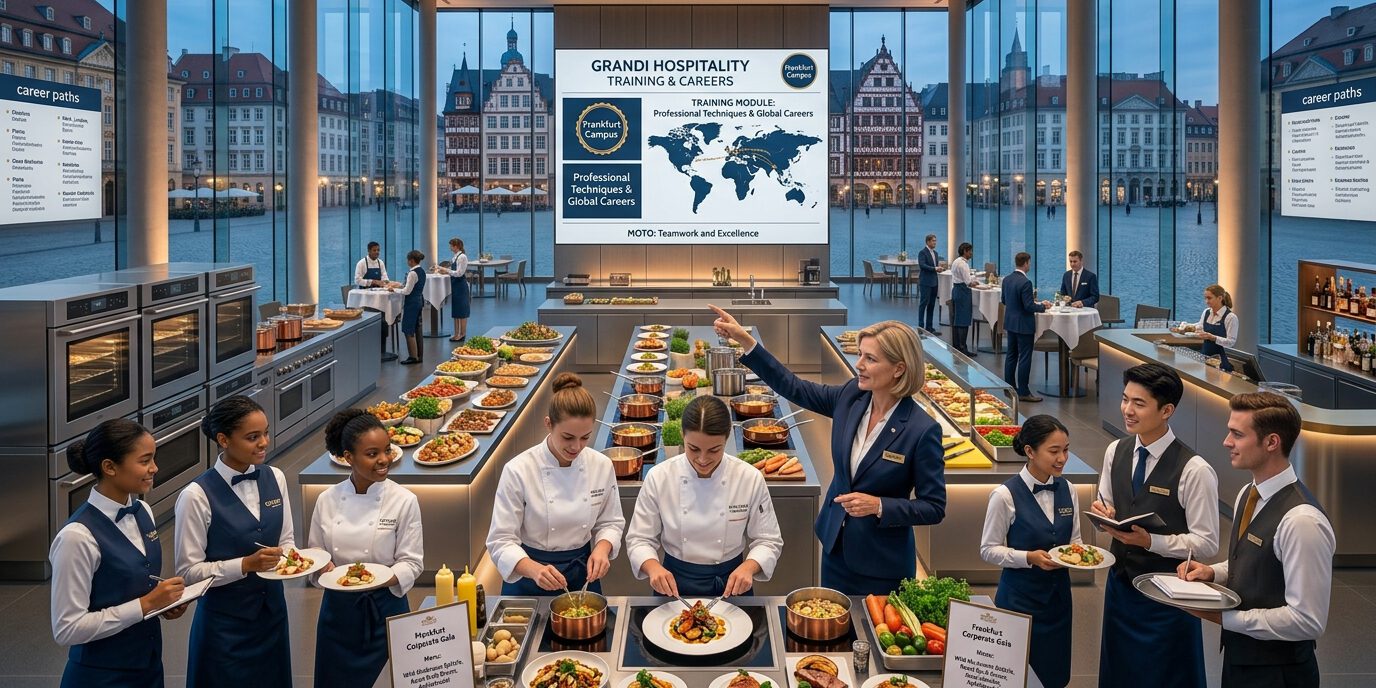Servicekräfte in Uniform stehen mit Tellern am Buffet einer Gastronomie-Fachveranstaltung, im Hintergrund eine Präsentationswand