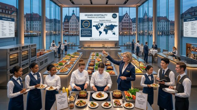 Servicekräfte in Uniform stehen mit Tellern am Buffet einer Gastronomie-Fachveranstaltung, im Hintergrund eine Präsentationswand