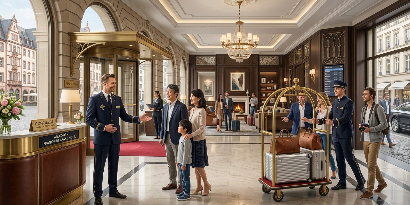 Concierge empfängt eine Familie in der Lobby eines Luxushotels, ein Page bringt das Gepäck auf dem Kofferwagen