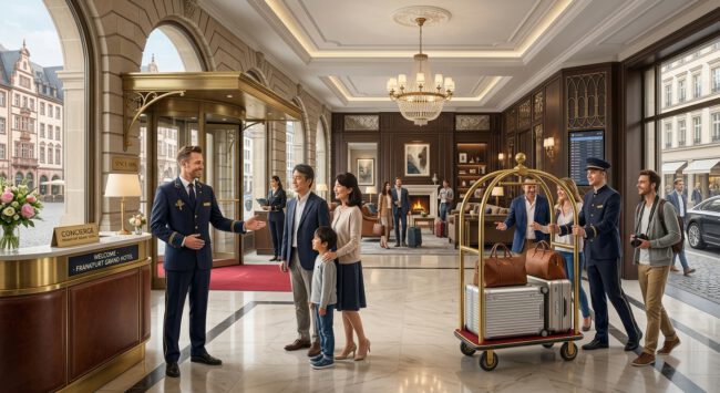 Concierge empfängt eine Familie in der Lobby eines Luxushotels, ein Page bringt das Gepäck auf dem Kofferwagen