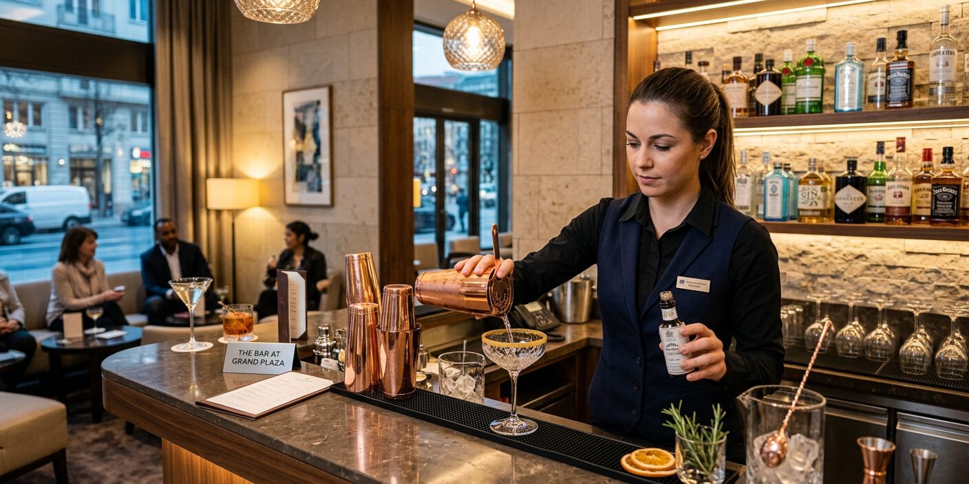 Barkeeperin gießt einen Cocktail an der Theke einer eleganten Hotelbar
