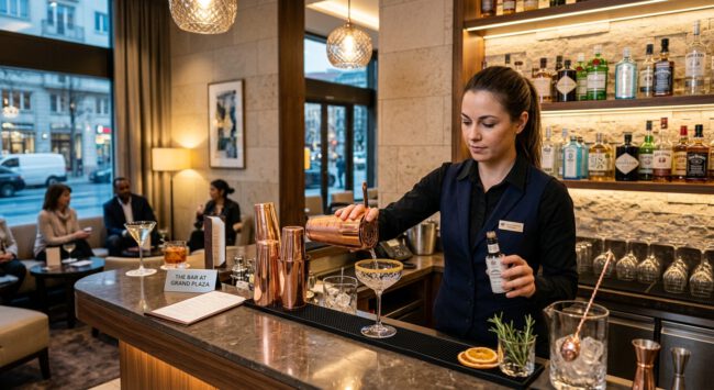 Barkeeperin gießt einen Cocktail an der Theke einer eleganten Hotelbar