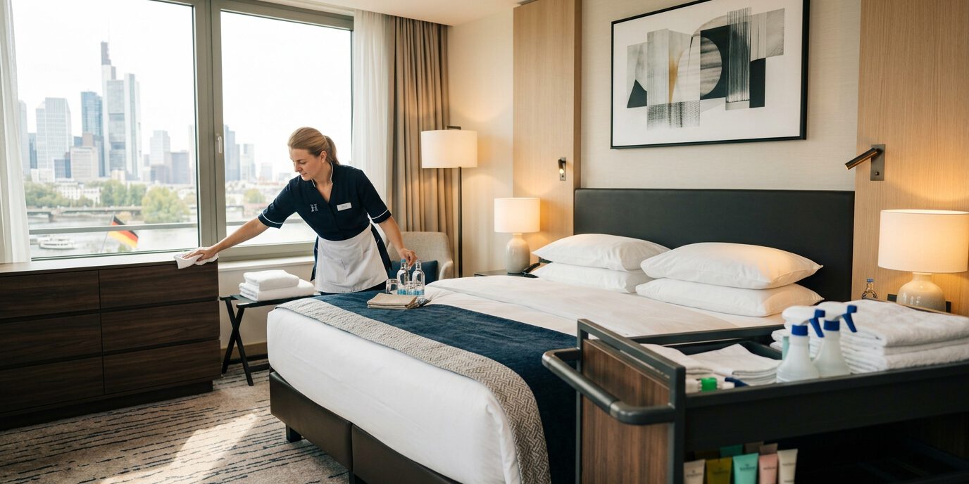 Housekeeping-Mitarbeiterin reinigt ein Hotelzimmer mit Panoramafenster zur Frankfurter Skyline