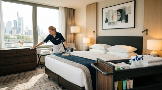 Housekeeping-Mitarbeiterin reinigt ein Hotelzimmer mit Panoramafenster zur Frankfurter Skyline