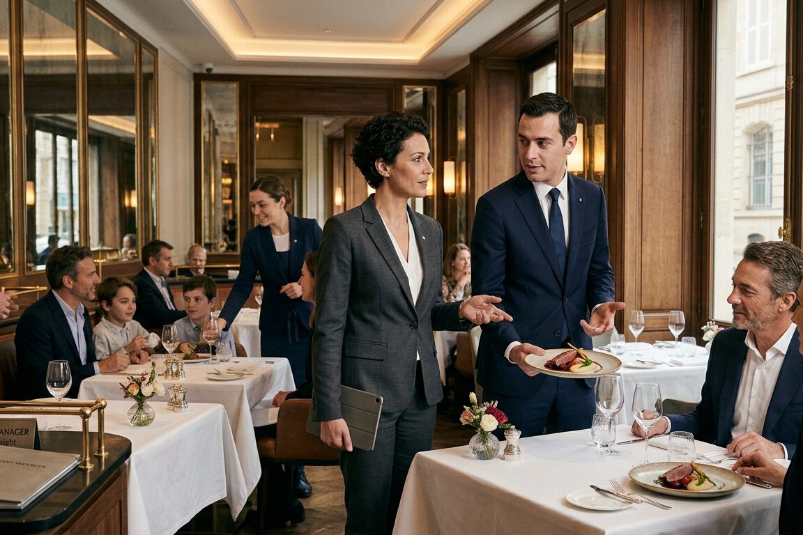 Restaurantleitung im Anzug begrüßt Gäste an einem eingedeckten Tisch im gehobenen Restaurant