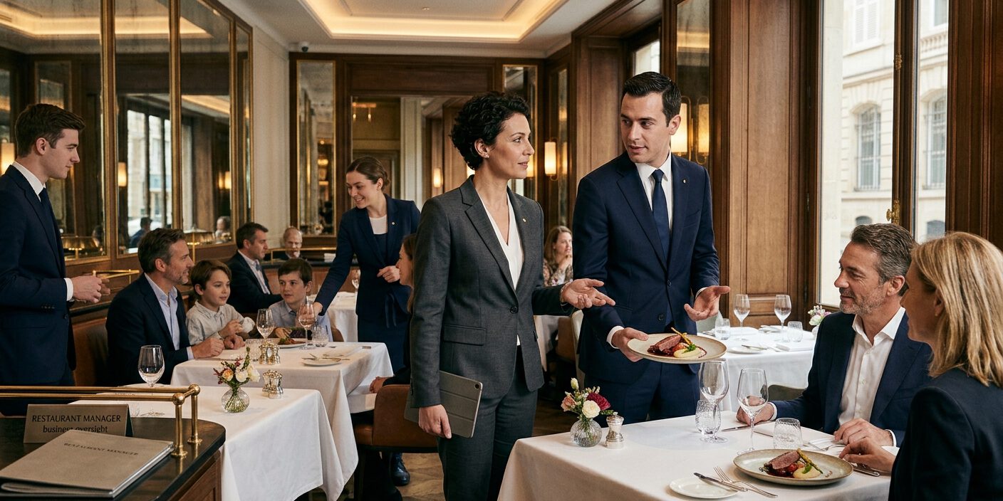 Restaurantleiterin begrüßt Gäste Restaurantleitung im Anzug begrüßt Gäste an einem eingedeckten Tisch im gehobenen Restaurant