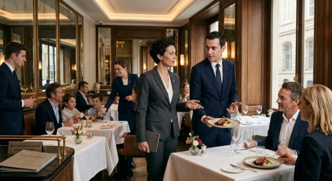 Restaurantleitung im Anzug begrüßt Gäste an einem eingedeckten Tisch im gehobenen Restaurant
