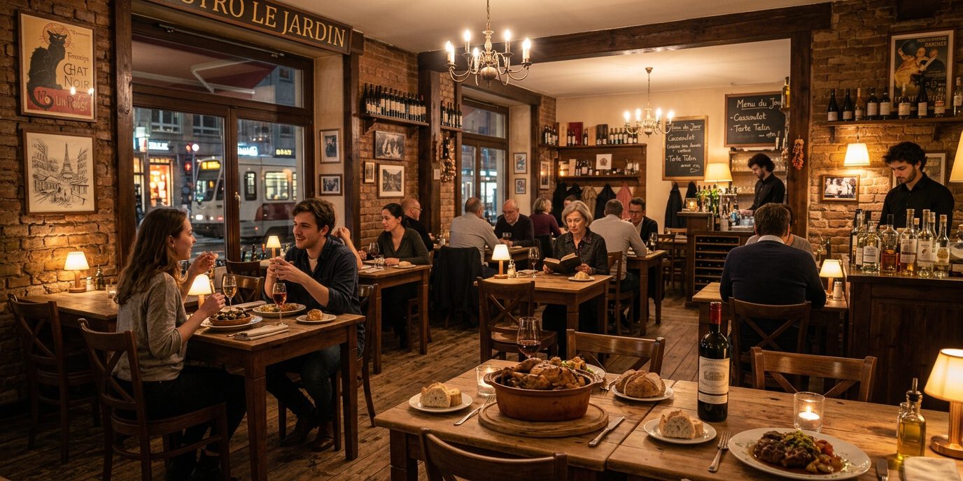 Gäste essen an Holztischen im warm beleuchteten Bistro „Le Jardin“ mit Kronleuchter