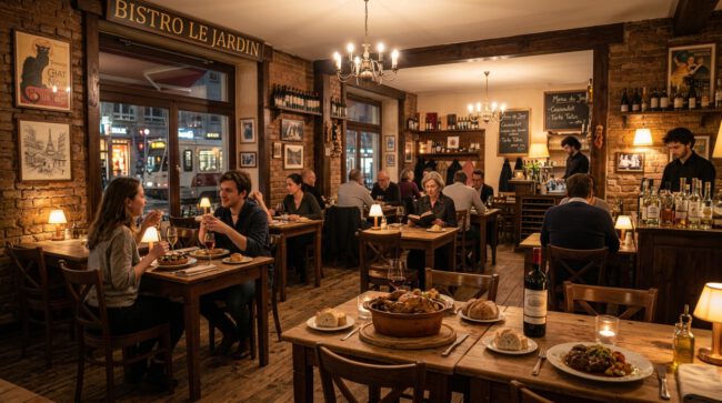Gäste essen an Holztischen im warm beleuchteten Bistro „Le Jardin“ mit Kronleuchter