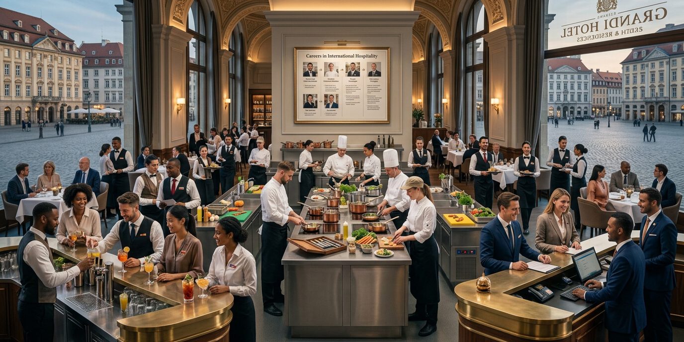 Servicekräfte, Köche und Barkeeper arbeiten gemeinsam in der belebten Lobby eines Grandhotels mit Blick auf den Stadtplatz