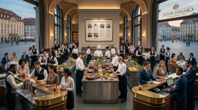 Servicekräfte, Köche und Barkeeper arbeiten gemeinsam in der belebten Lobby eines Grandhotels mit Blick auf den Stadtplatz