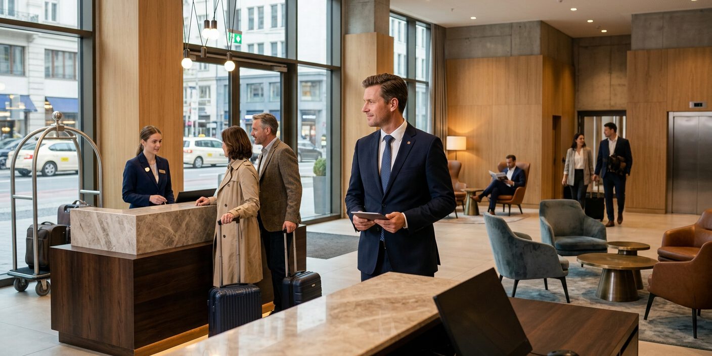 Geschäftsreisende mit Koffern werden an der Rezeption einer modernen Hotellobby empfangen