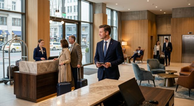 Geschäftsreisende mit Koffern werden an der Rezeption einer modernen Hotellobby empfangen
