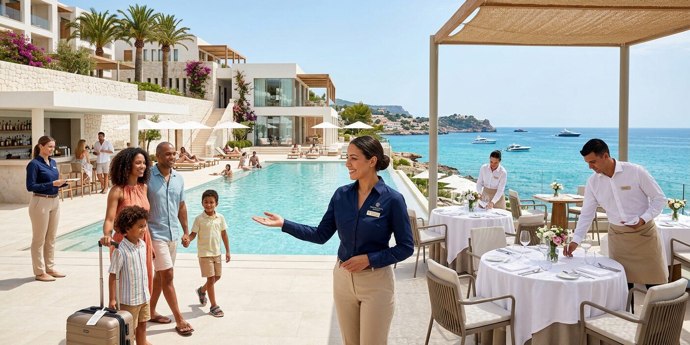 Guest-Relations-Mitarbeiterin begrüßt eine Familie mit Koffern am Pool eines mediterranen Strandhotels