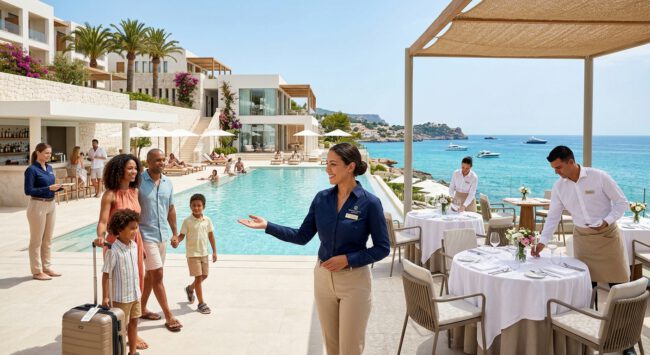 Guest-Relations-Mitarbeiterin begrüßt eine Familie mit Koffern am Pool eines mediterranen Strandhotels