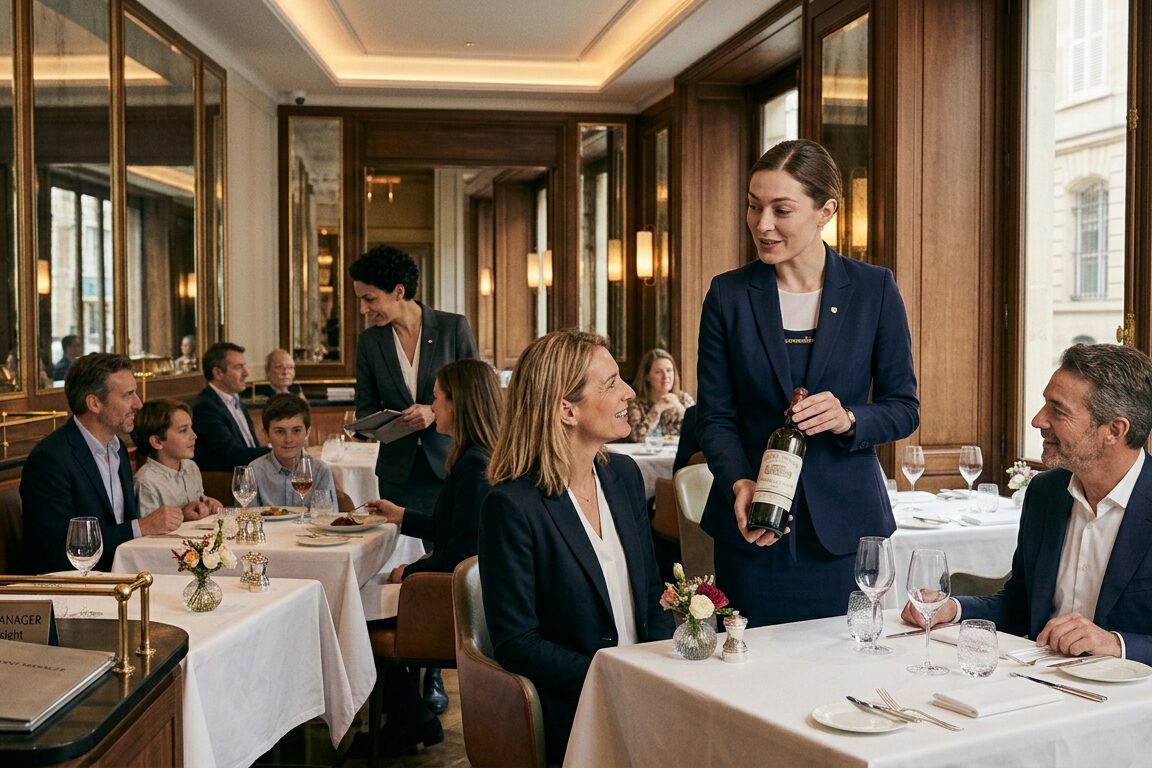 Servicemitarbeiterin präsentiert Gästen eine Weinflasche im eleganten Restaurant mit weiß eingedeckten Tischen