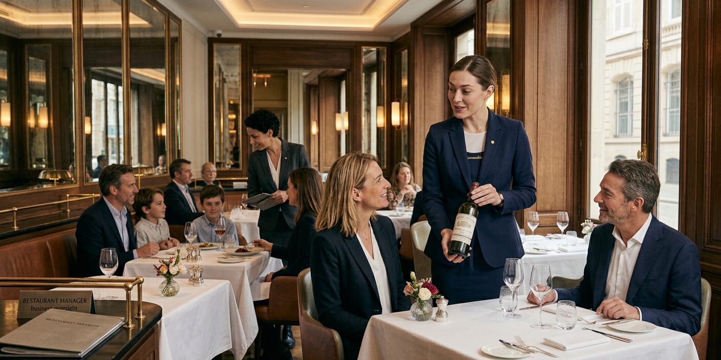 Servicemitarbeiterin präsentiert Gästen eine Weinflasche im eleganten Restaurant mit weiß eingedeckten Tischen