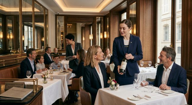 Servicemitarbeiterin präsentiert Gästen eine Weinflasche im eleganten Restaurant mit weiß eingedeckten Tischen