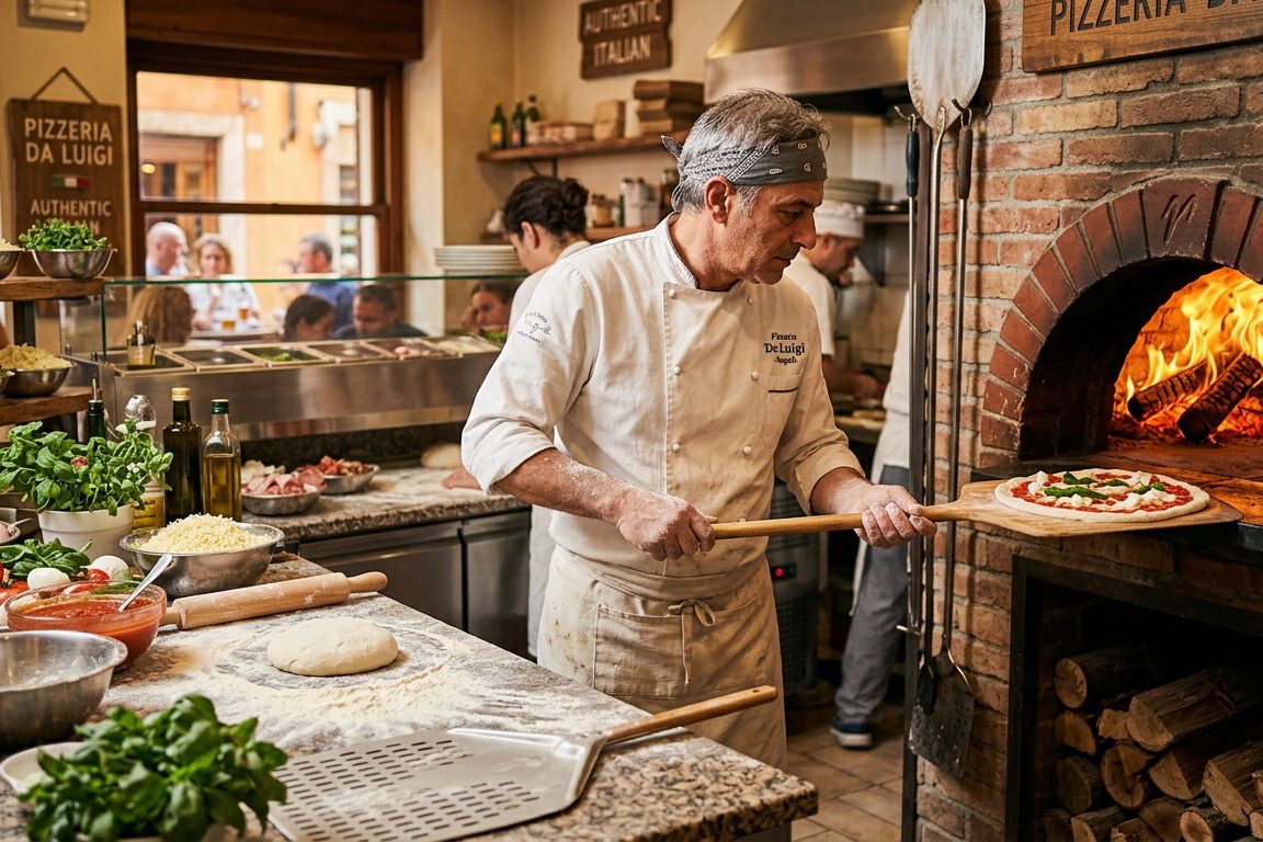 Pizzabäcker schiebt eine Pizza mit dem Schieber in den Holzofen einer Pizzeria