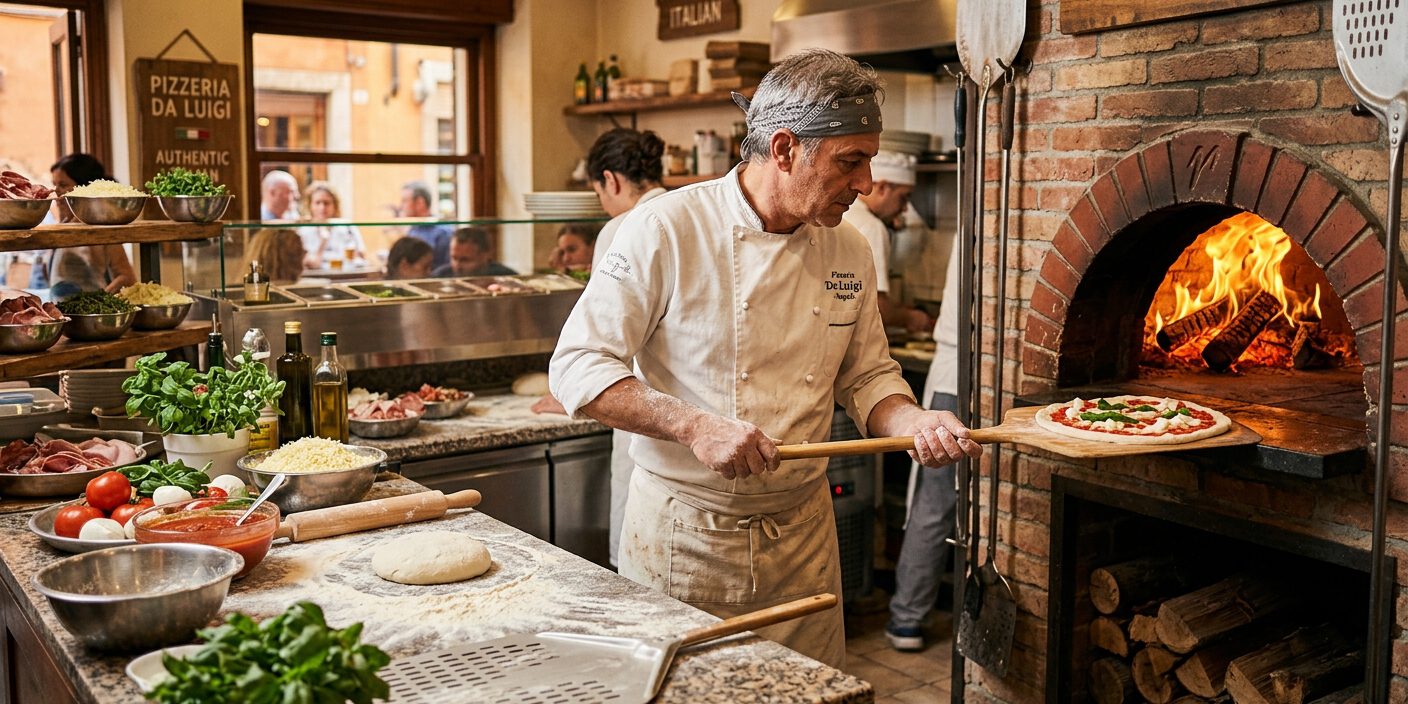 Pizzabäcker schiebt eine Pizza mit dem Schieber in den Holzofen einer Pizzeria
