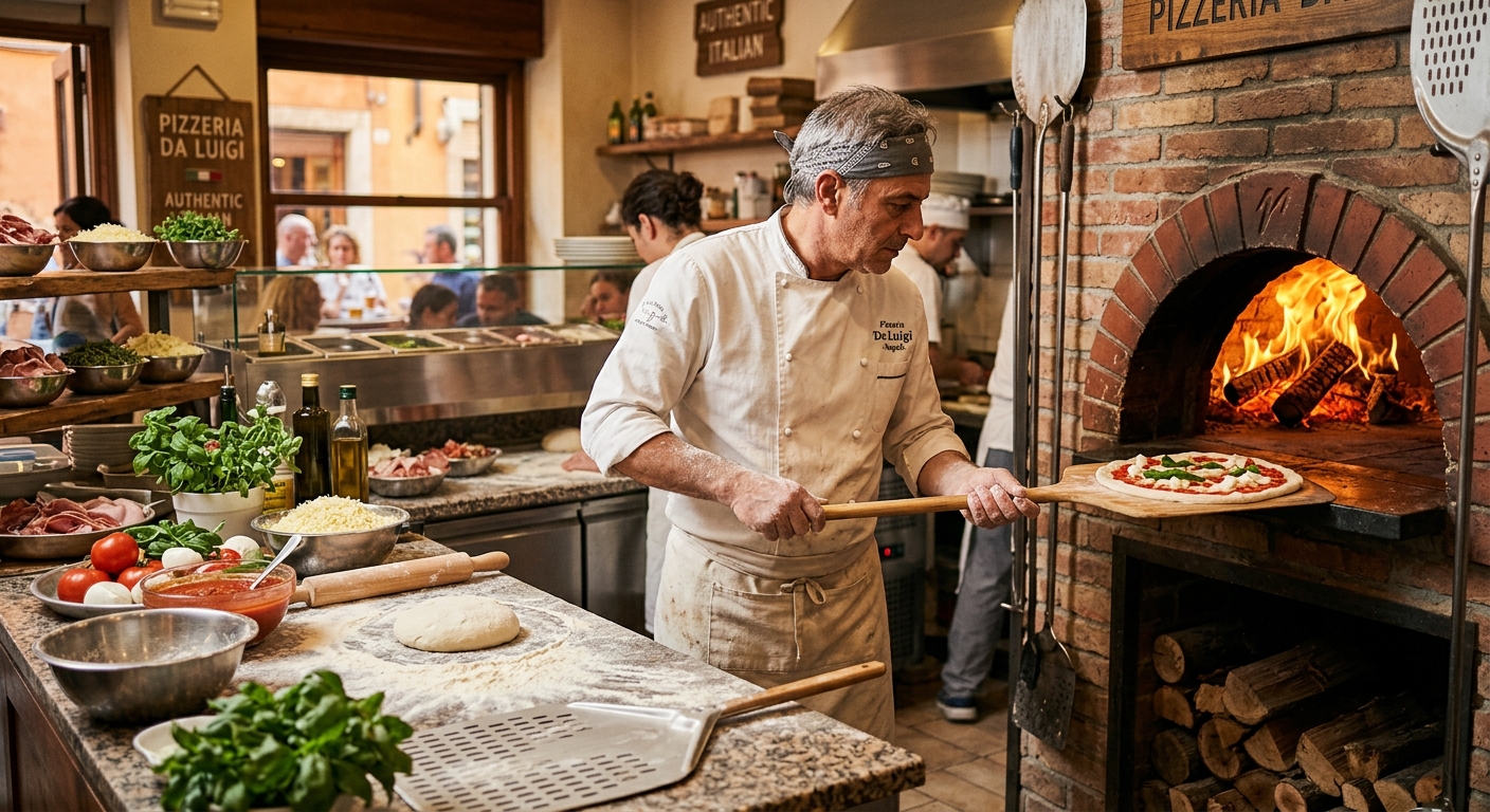 Pizzabäcker schiebt eine Pizza mit dem Schieber in den Holzofen einer Pizzeria