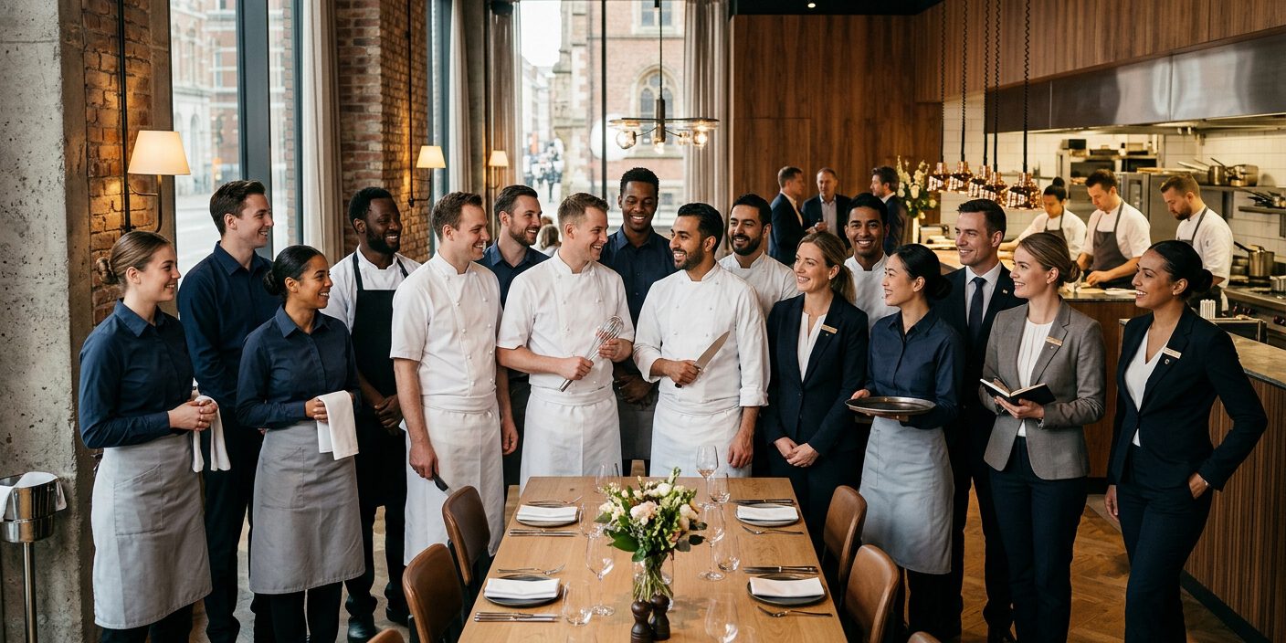 Gruppe aus Köchen, Servicekräften und Management steht gemeinsam an einer eingedeckten Tafel im Restaurant