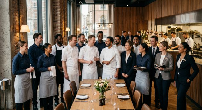 Gruppe aus Köchen, Servicekräften und Management steht gemeinsam an einer eingedeckten Tafel im Restaurant