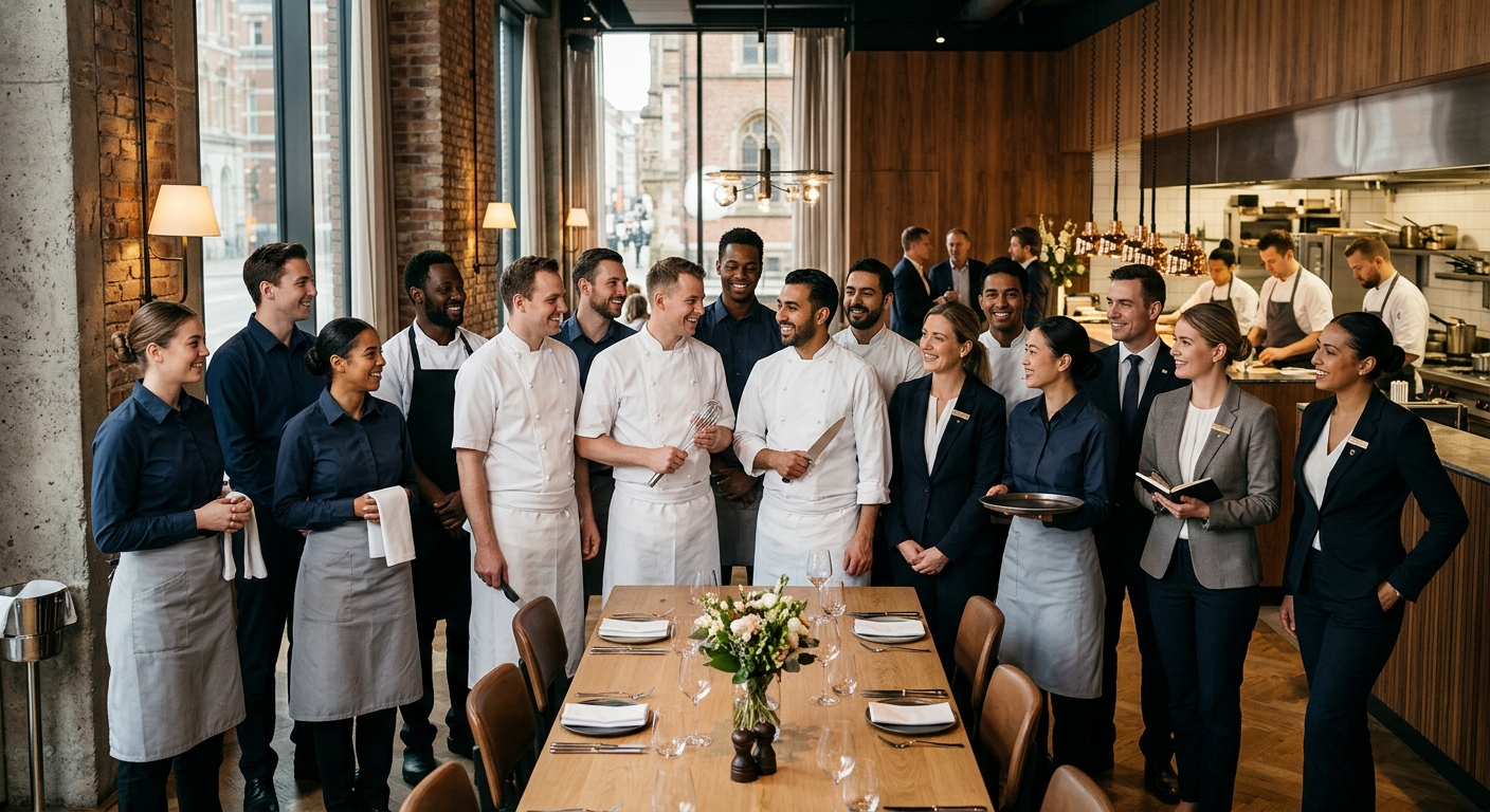 Gruppe aus Köchen, Servicekräften und Management steht gemeinsam an einer eingedeckten Tafel im Restaurant